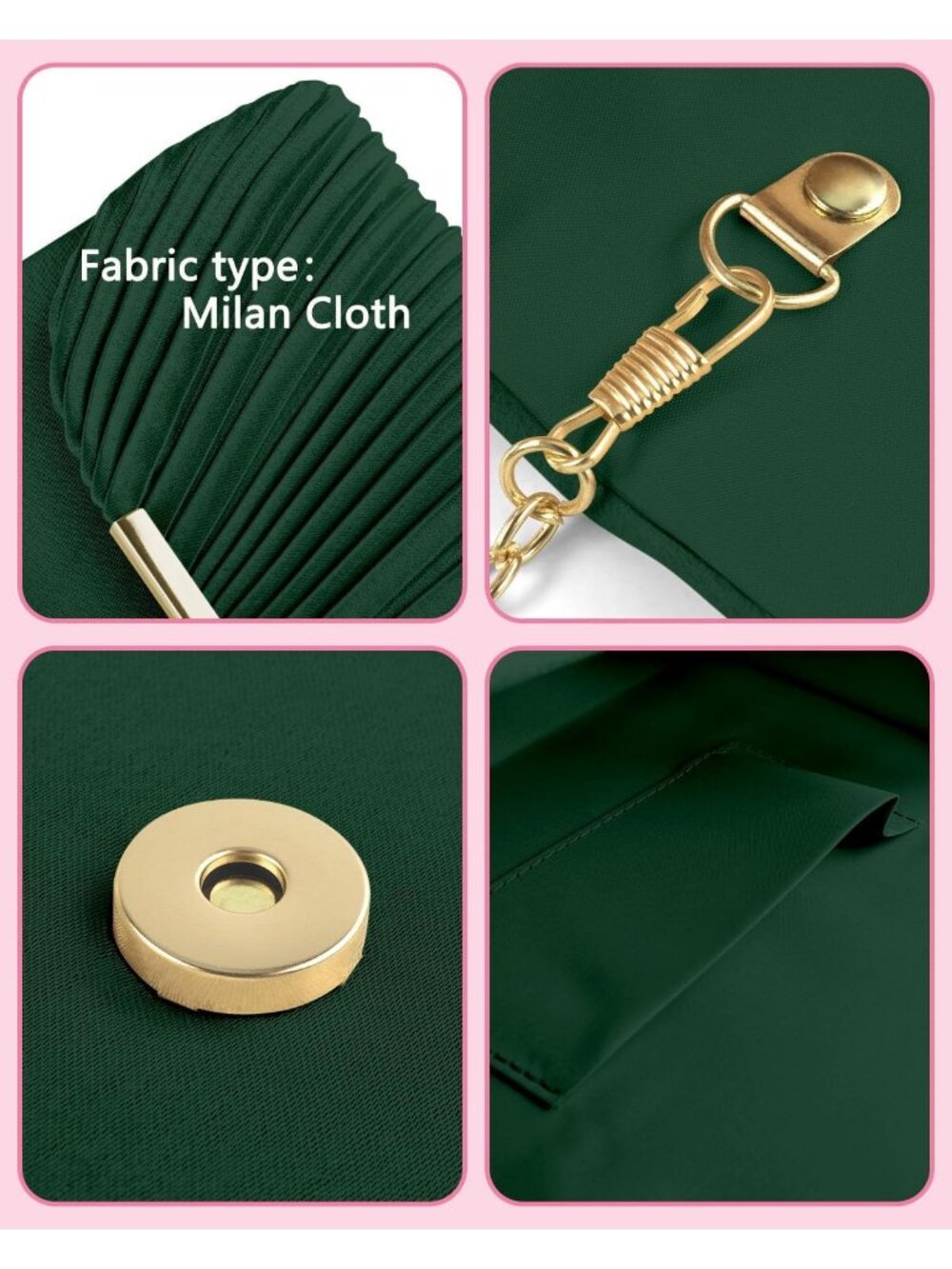 Women's Green Pleated Wedding Cocktail Clutch Purse Evening Bag with Chain - Picture 5 of 7